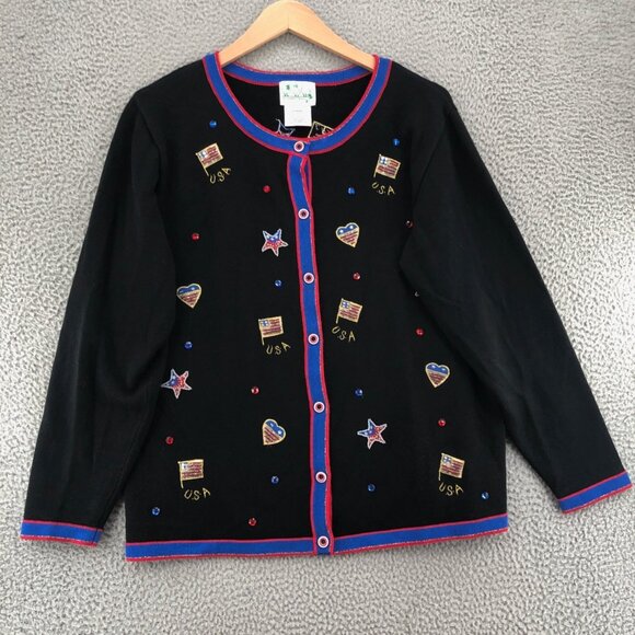 The Quacker Factory Sweater Womens Large Black Button Up Cardigan USA Patriotic - Picture 1 of 9